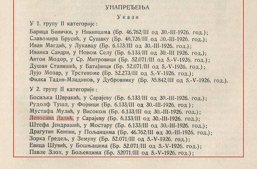 Иако је била оптужена за велеиздају, учитељица Лалић је преживјела рат и 1926. године била унапријеђена.