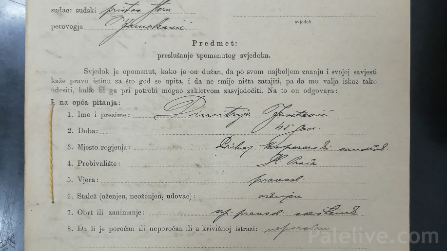 Записник са саслушања свештеника Димитрија Јевђевића у Рогатици, поводом хапшења Доброслава, Трифка и Лепосаве. Архив БиХ